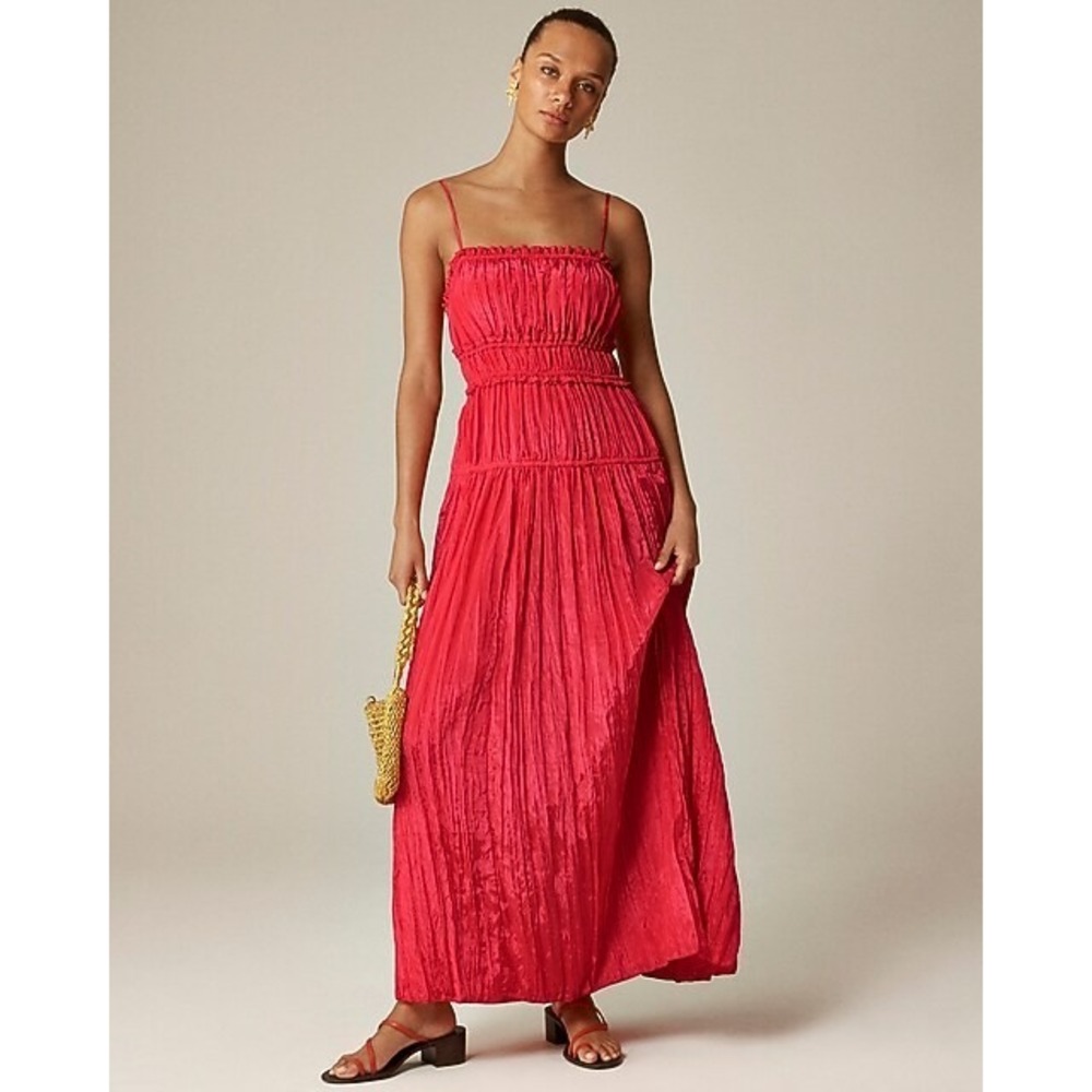 J. Crew Crinkled Ruffle-Trim Maxi Dress XS Red Romantic Wedding Feminine NWT